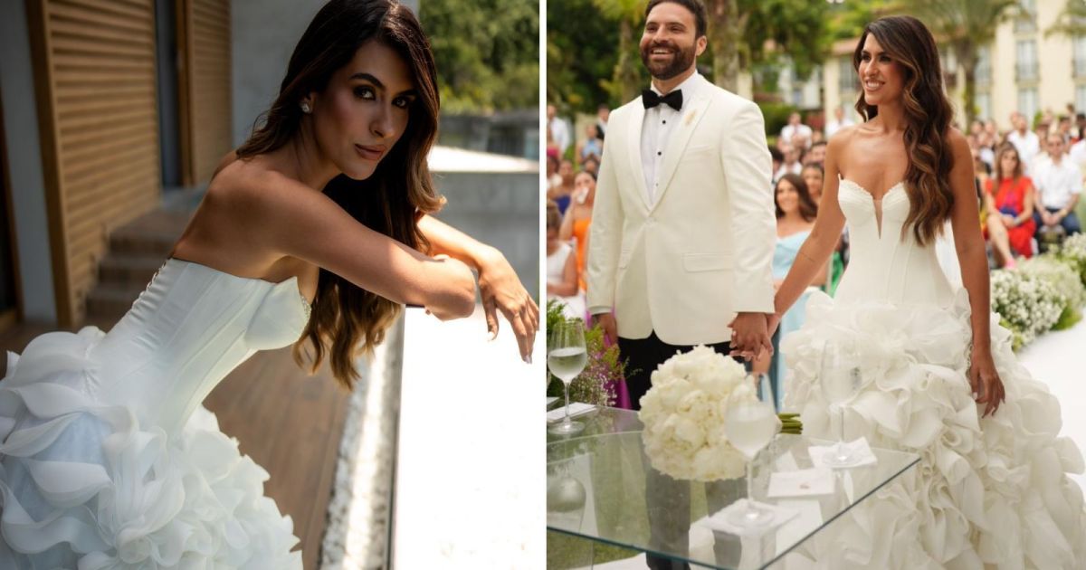 Humorista da “galera CLT” usa vestido de noiva com saia de apliques em 3D