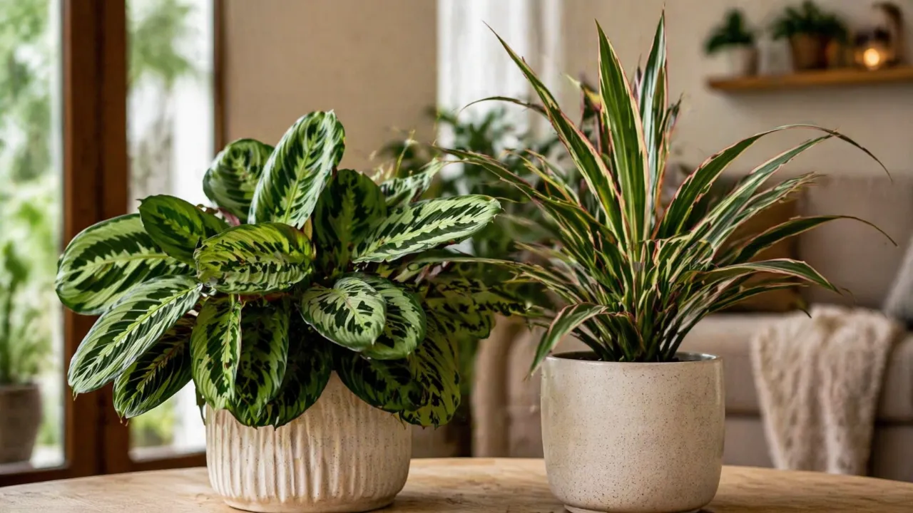 2 plantas com folhas rajadas que criam textura e evitam aparência simples demais