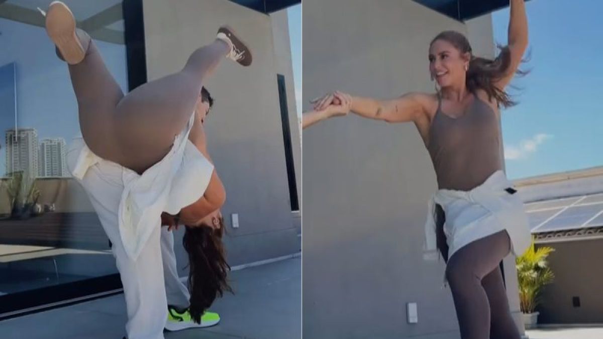Paolla Oliveira arrisca e dá mortal em coreografia com professor…