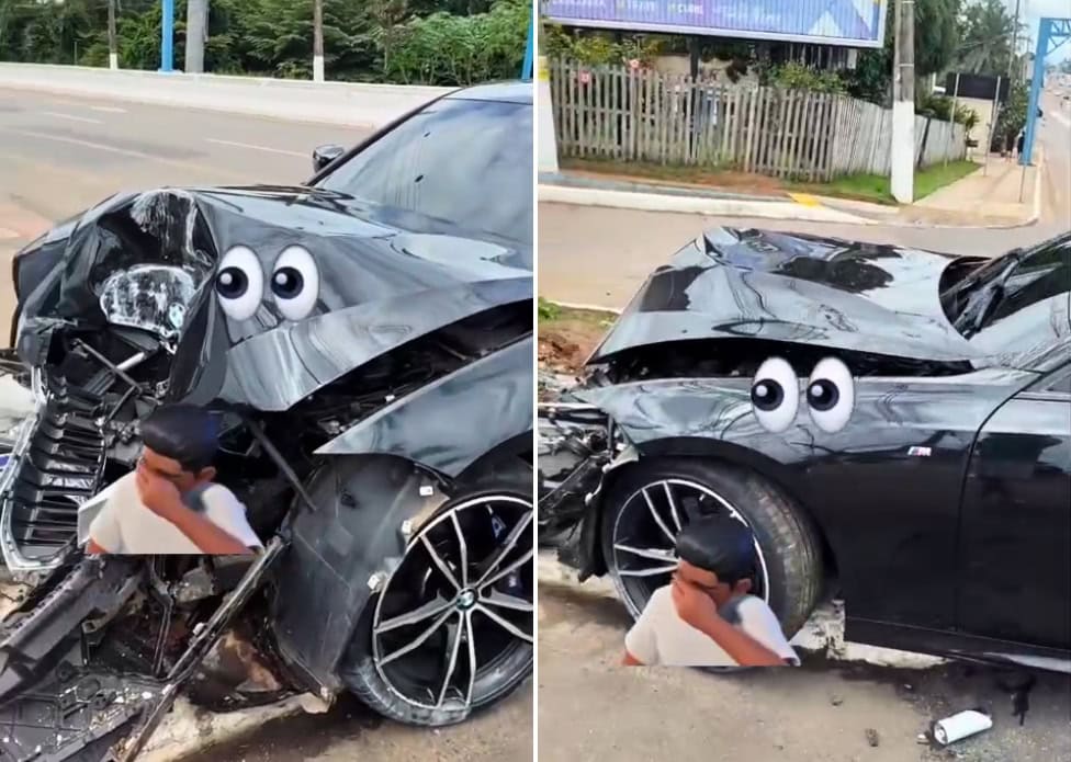 BMW colide em poste na Dias Martins e motorista foge antes da polícia chegar