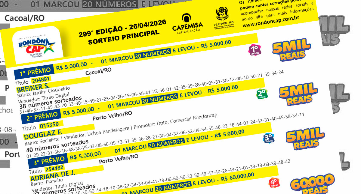 RondônCAP 26/04: Luiz de S. leva R$ 60 mil e lidera lista de ganhadores