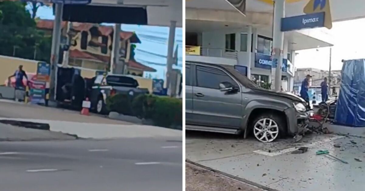 picape destrói bombas de posto de combustíveis em Manaus