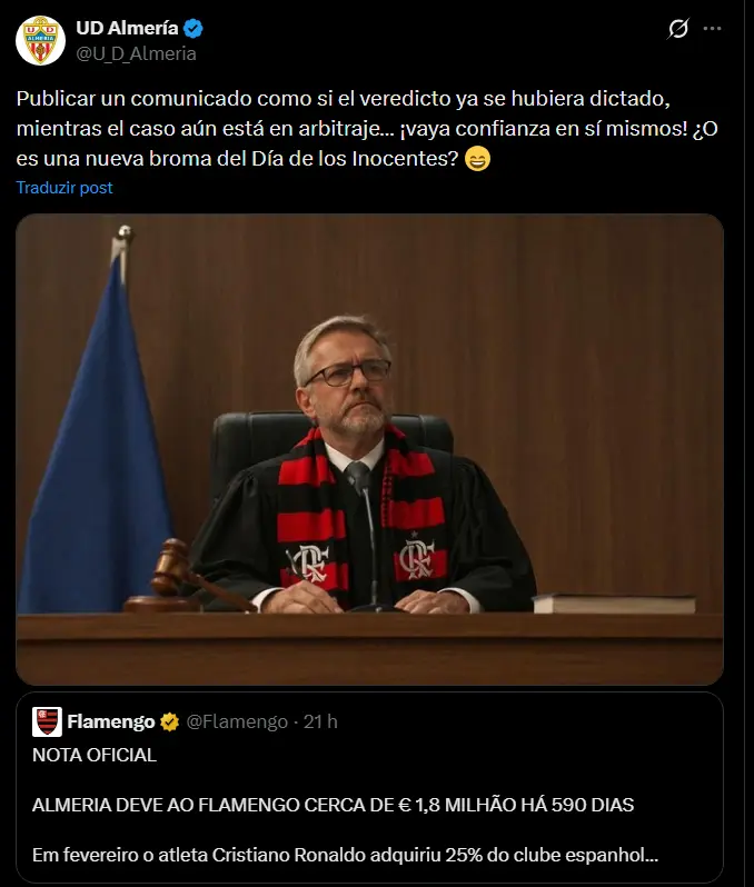 Clube, que tem Cristiano Ronaldo como um dos donos, ironiza cobrança do Flamengo por dívida: “piada do dia da mentira?”