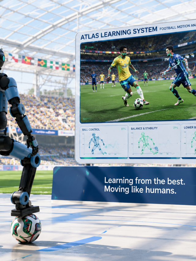 Atlas, o super robô humanoide da Boston Dynamics, aparece observando jogadas de futebol em uma tela e depois recriando movimentos físicos com bola