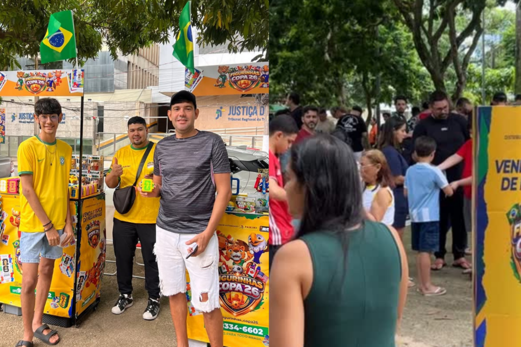 Ponto de troca e venda de figurinhas do álbum da Copa 2026 movimenta a Praça Brasil, em Belém