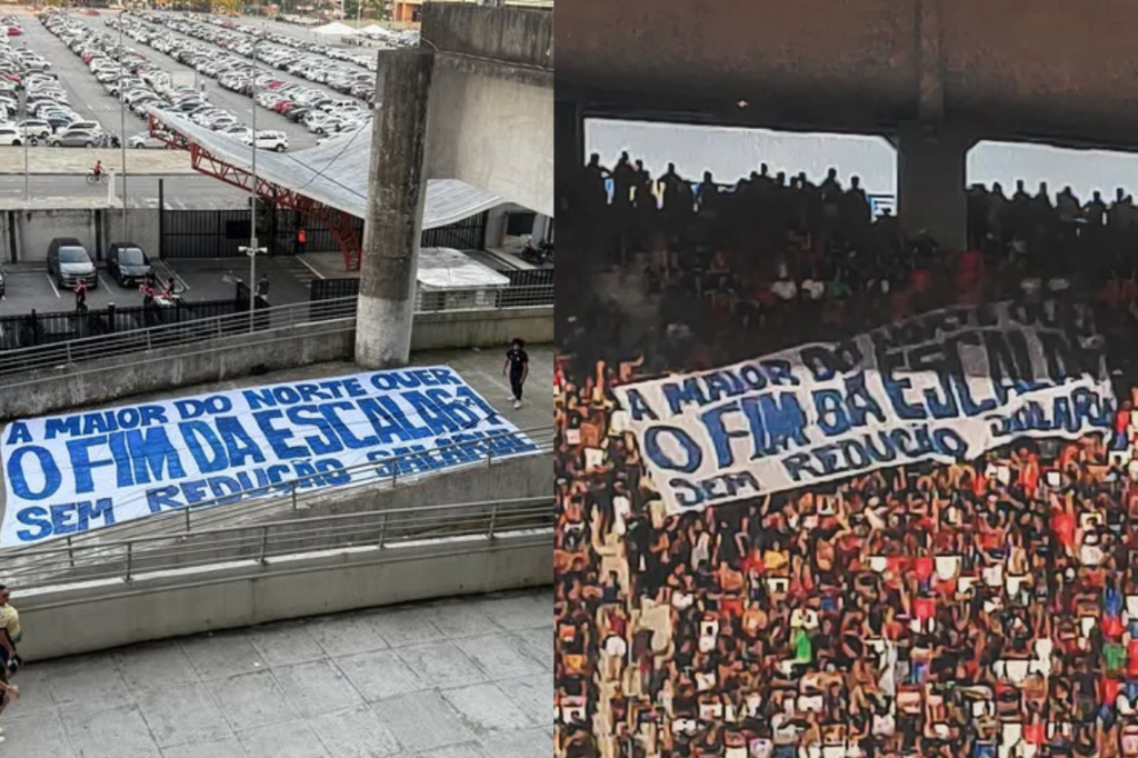 Torcida do Remo estende bandeira no Mangueirão pelo fim da escala 6×1