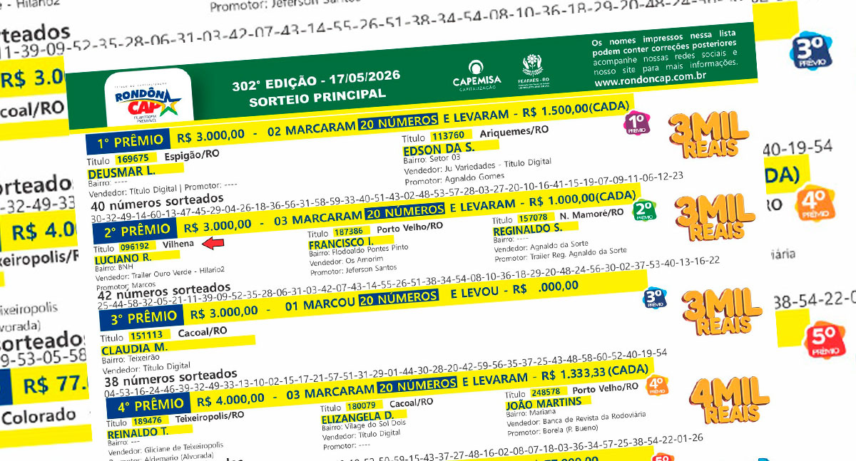 RondônCap divulga ganhadores do sorteio deste domingo, 17 de maio