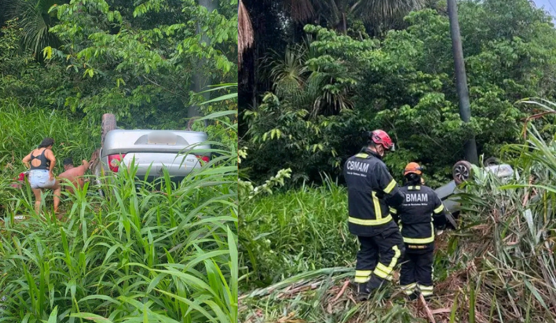 Carro cai em buraco, bate em poste e capota na BR-174