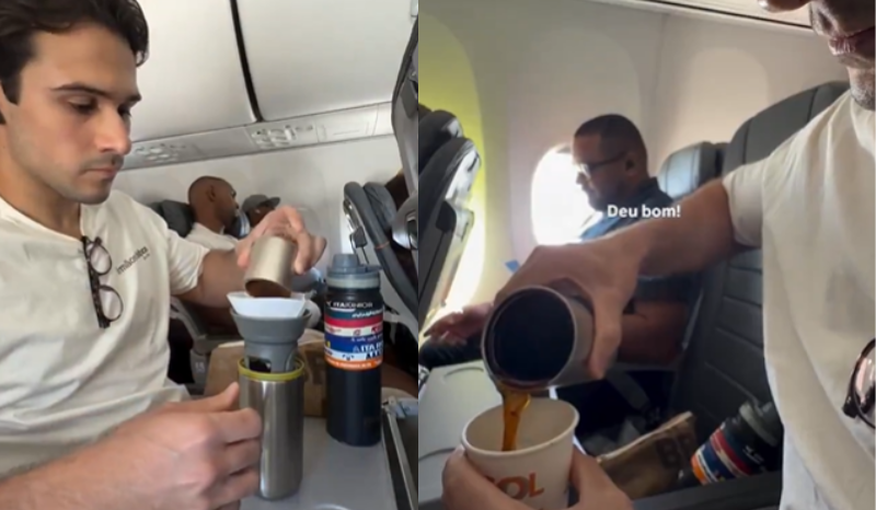 com moedor e coador, homem prepara café durante viagem de avião