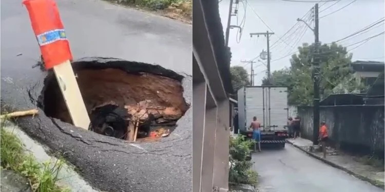 Caminhão derruba poste após desviar de buraco e causa tumulto em Manaus