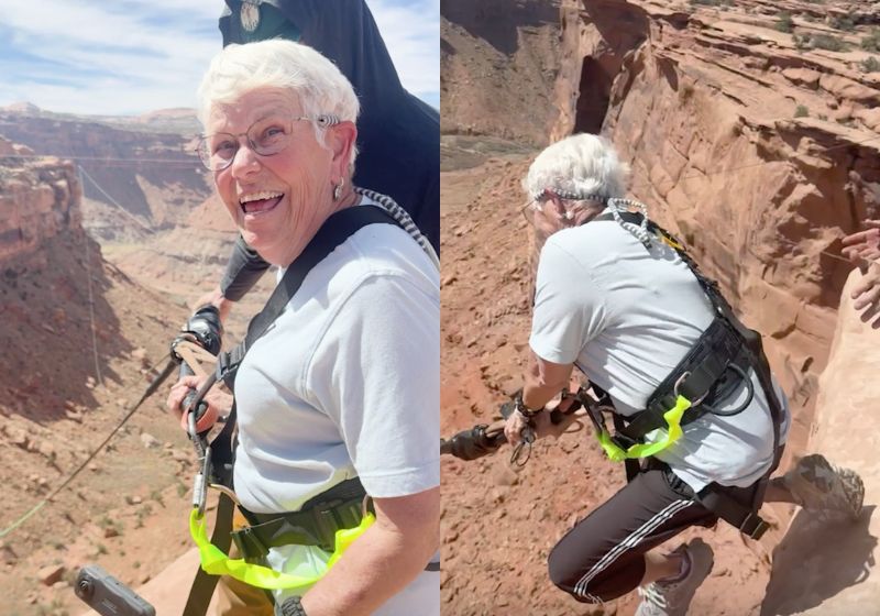 idosa de 78 anos viraliza ao se lançar em balanço radical em penhasco