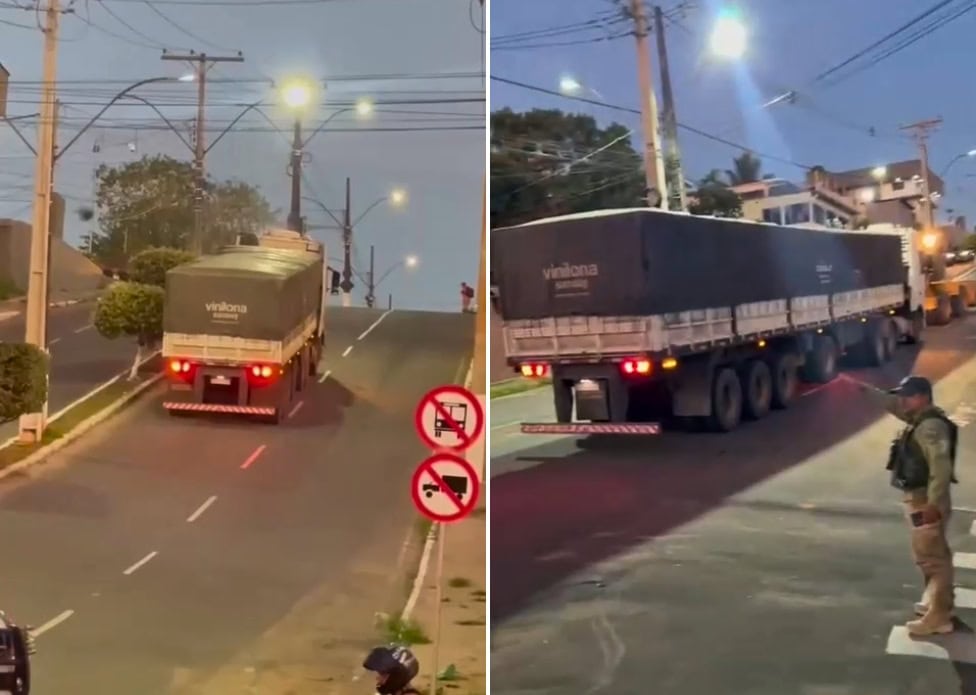 Em Cruzeiro do Sul, mais uma carreta não consegue subir ladeira