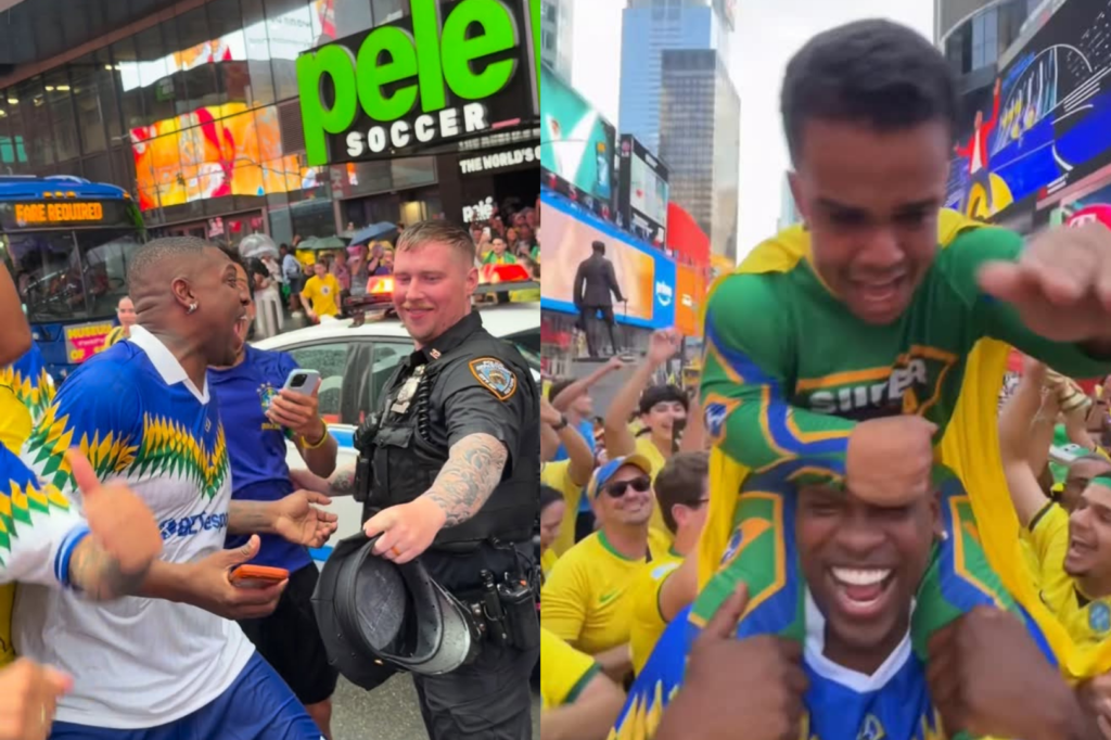 Brasileiros tomam conta da Times Square e fazem a festa antes de jogo da Seleção