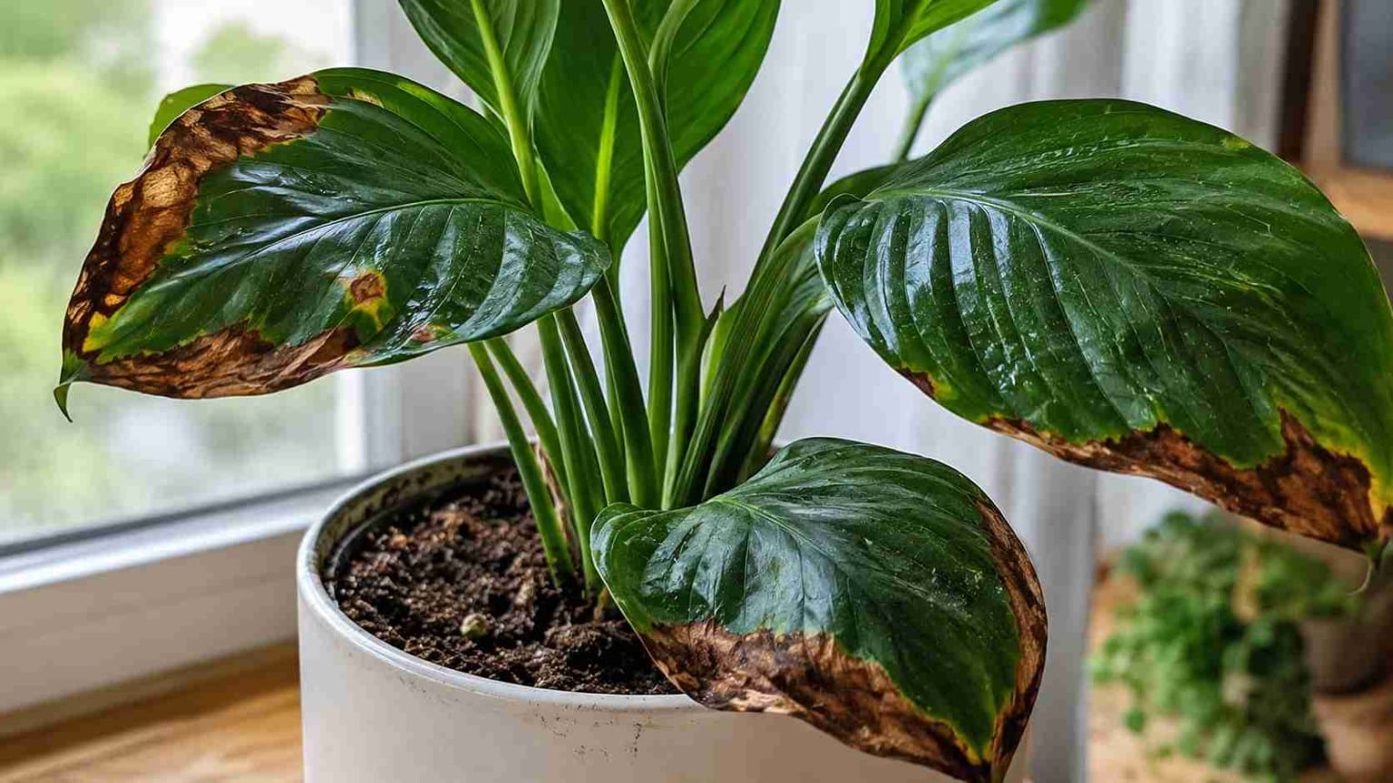Lírio-da-Paz: o erro de rega que faz folhas escuras desenvolverem manchas marrons lentamente antes mesmo da planta parecer realmente doente