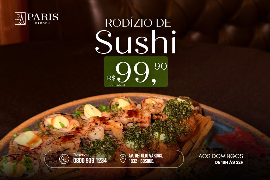 Amantes da culinária japonesa têm rodízio de sushi por R$ 99,90 no Paris Garden neste domingo