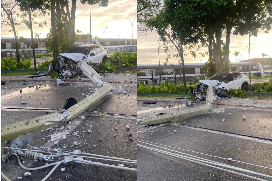 Carro derruba poste e interdita parte da avenida Senador Lemos, em frente ao Parque da Cidade