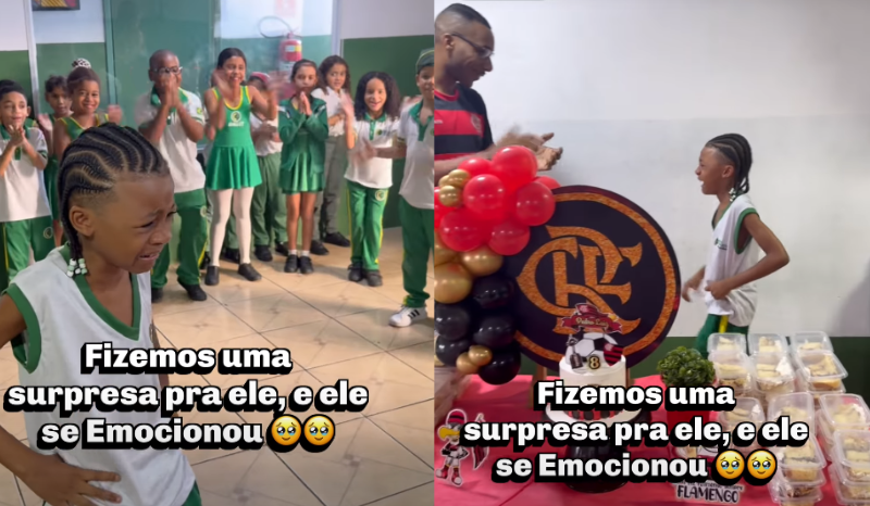 menino se emociona com festa surpresa de aniversário entre amigos na escola