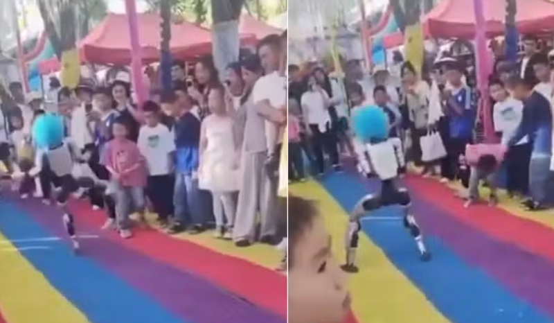 robô humanoide chuta criança em apresentação; VEJA